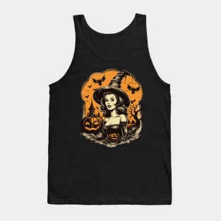 Retro Halloween Witch Girl with Pumpkins and Bats Tank Top